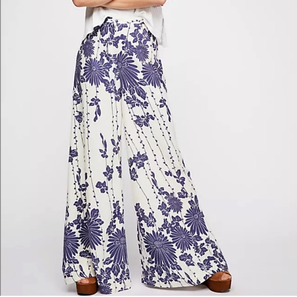 Free People Sundae Stroll High Waist Wide Leg Blue Floral Spring Sz 8